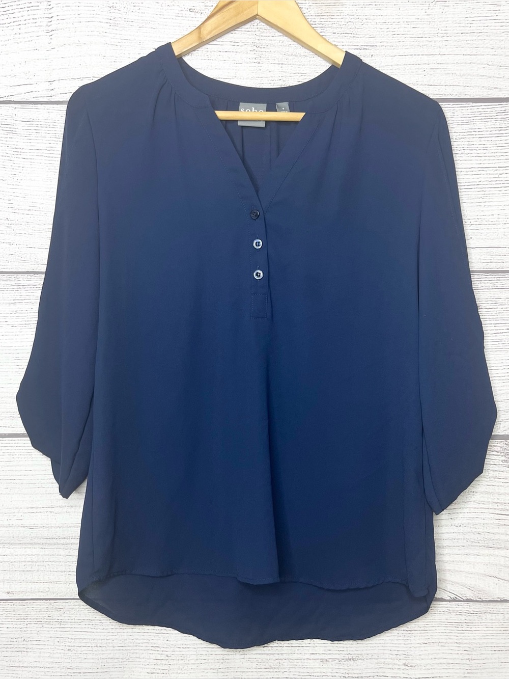 NY&Co Soho Jeans Deep Navy Blue V-Neck 3/4 Sleeve Blouse Top Size Small